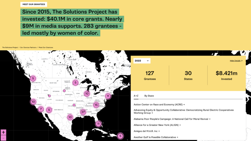 Map of United States showing the location of all grantees and a list of their names